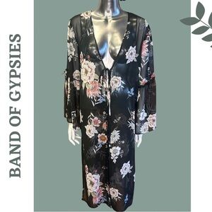 🛍️ Band of Gypsies Floral Duster Kimono Black Tie Front Ruffle Sleeve XS